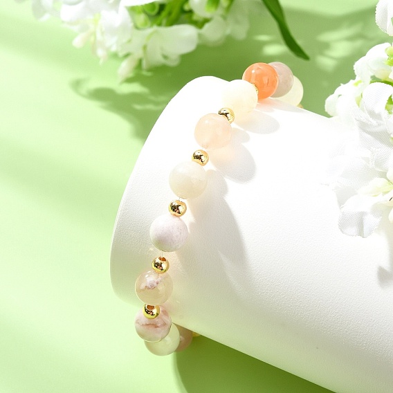 Natural Cherry Blossom Agate & Brass Beads Stretch Bracelets for Women, Round