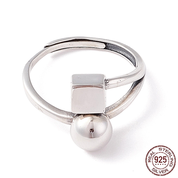 Cube & Round Beads 925 Sterling Silver Adjustable Ring for Women