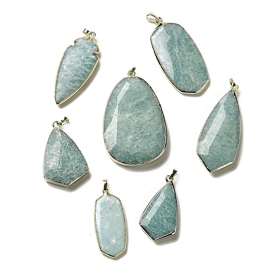 Природные подвески амазонит, подвески в виде граненой капли/овала/воздушного змея/наконечника стрелы, с реечным покрытием позолоченная латунная кромка