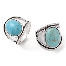 Oval Synthetic Turquoise Cuff Rings, Alloy Wide Open Rings for Women, Cadmium Free & Lead Free