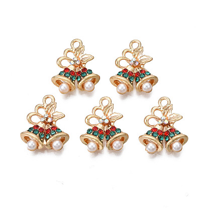 Rack Plating Alloy Pendants, with ABS Plastic Imitation Pearl and Colorful Rhinestone, Cadmium Free & Nickel Free & Lead Free, Christmas Bell