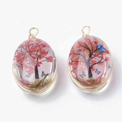Glass Pendants, with Dried Flower Inside & Brass Findings, Oval, Golden