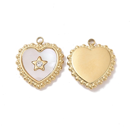 Natural White Shell Pendants, with Ion Plating(IP) 304 Stainless Steel Pave Clear Cubic Zirconia Findings, Heart Charm
