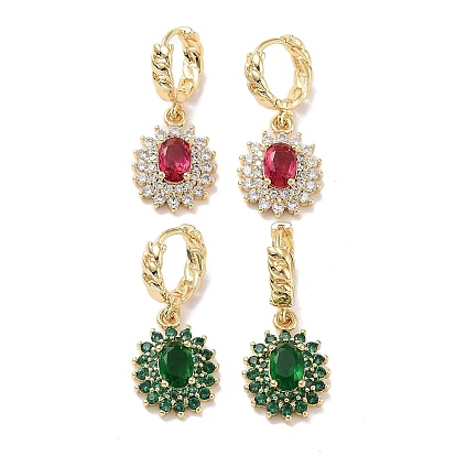 Real 18K Gold Plated Brass Dangle Hoop Earrings, with Cubic Zirconia and Glass, Oval