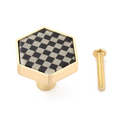 Hexágono con patrón de cuadrícula manijas y perillas de caja de latón, con cabujones de resina y tornillos de hierro, color dorado mate