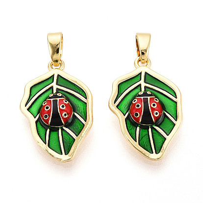 Латунь эмаль подвески, без кадмия и без свинца, реальный 18 k позолоченный, листик с подвеской в виде божьей коровки