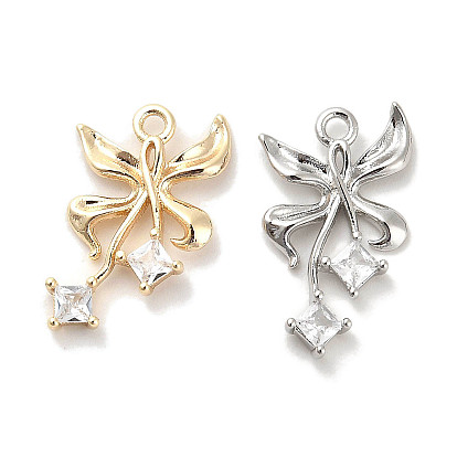 Brass Micro Pave Clear Cubic Zirconia Pendants, Cadmium Free & Nickel Free & Lead Free, Bowknot