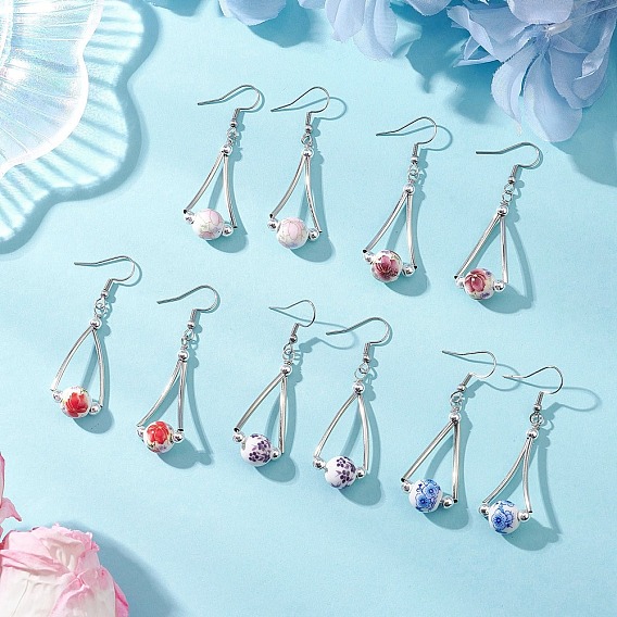 Круглые серьги-подвески ручной работы с цветочным принтом, со стеклом и 304 крючками для сережек из нержавеющей стали, платина