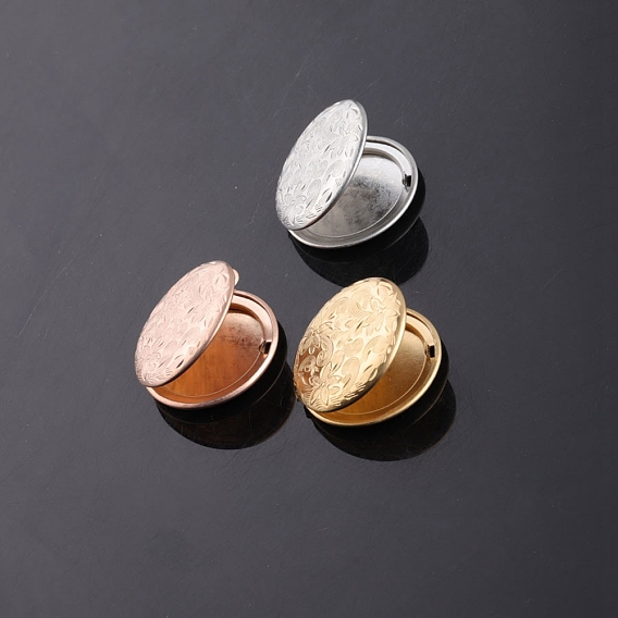 Stainless Steel Locket Pendants, Flat Round with Flower