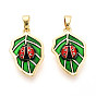 Латунь эмаль подвески, без кадмия и без свинца, реальный 18 k позолоченный, листик с подвеской в виде божьей коровки
