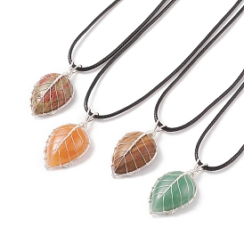 4Pcs 4 Style Natural Mixed Gemstone Leaf Cage Pendant Necklaces Set with Waxed Cords for Women