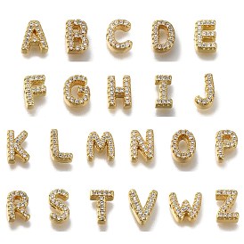 Rack Plating Brass Micro Pave Clear Cubic Zirconia Beads, Long-Lasting Plated, Cadmium Free & Lead Free, Real 18K Gold Plated, Letter