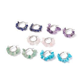 Плетеные серьги-кольца с кусочками натуральных драгоценных камней, проволочные серьги с камнями и 304 булавками из нержавеющей стали для женщин, цвет нержавеющей стали