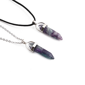 Rainbow Fluorite Bullet Pendant Necklace with Crystal Hexagonal Prism Charm