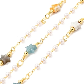 Natural Mixed Gemstone Star & Glass Pearl Beaded Chains, with Gold Plated Brass Findings, Long-Lasting Plated, Unwelded, with Spool, Cadmium Free & Lead Free