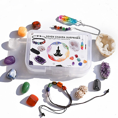 Nuggets Gemstone Cluster & Bracelet & Pendulum Pendant Set, Gemstone Home Divination Supplies, for Reiki Chakra Meditation Therapy Decos