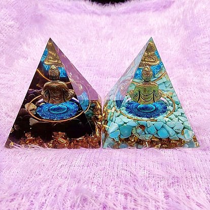 Orgonite Pyramid Resin Display Decorations, with Natural & Synthetic Gemstone Chips and Buddha Inside, for Home Office Desk
