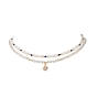 Natural White Jade & Crystal Beaded Necklaces, Brass Micro Pave Cubic Zirconia Charm Necklace Sets, for Woman
