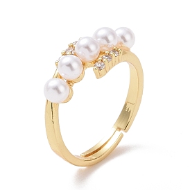 Clear Cubic Zirconia Adjustable Ring with Acrylic Pearl Beaded, Brass Jewelry for Women, Cadmium Free & Lead Free