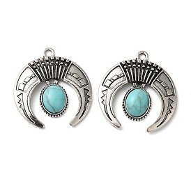 Tibetan Style Alloy Pave Imitation Turquoise Pendants, Horn with Oval Charms