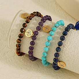 6.2mm facettierte runde Edelsteinperlen-Stretcharmbänder, 304 Armbänder aus Edelstahl mit Lebensbaum-Anhänger für Damen, golden