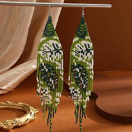 Bohemian Style Green Tassel Dangle Earrings, with Leaf Pattern Glass Beads