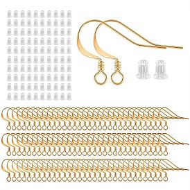 300Pcs Brass Earring Hooks, with Loop, Long-Lasting Plated, with Silicone Ear Nuts
