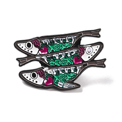 Dreifacher Fisch mit Herz-Emaille-Pin für Halloween, Tierlegierungsabzeichen für Rucksackkleidung, Elektrophorese schwarz