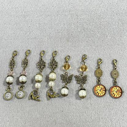 8piezas 4 estilo aleación y decoraciones colgantes de perlas de vidrio, con broches de langosta de la aleación de la garra, formas mixtas
