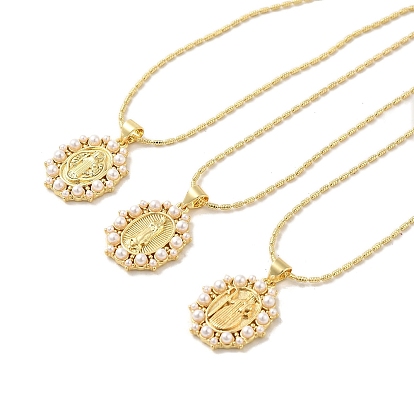 Colliers ovales avec pendentif en perles de laiton et de résine pour femmes, motif vierge marie