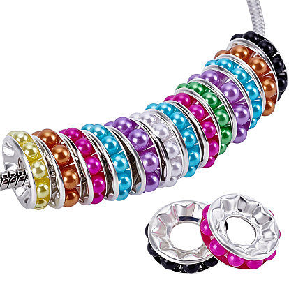 160Pcs 8 Colors Brass European Beads, with ABS Plastic Imitation Pearl, Large Hole Beads, Flat Round