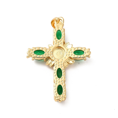 Rack Plating Brass Pendants, with Glass Cubic Zirconia, Resin Eye, Religion Cross Charm, Cadmium Free & Lead Free, Long-Lasting Plated, Real 18K Gold Plated