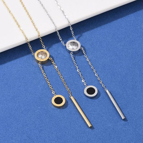 304 плоская круглая подвеска из нержавеющей стали с кристаллами и стразами y ожерелья, с черным пластиком, ионное покрытие (ip)