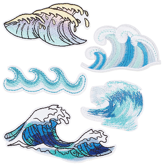 20Pcs 5 Styles Sea Wave Embroidery Sew On Patches, Cloth Appliques
