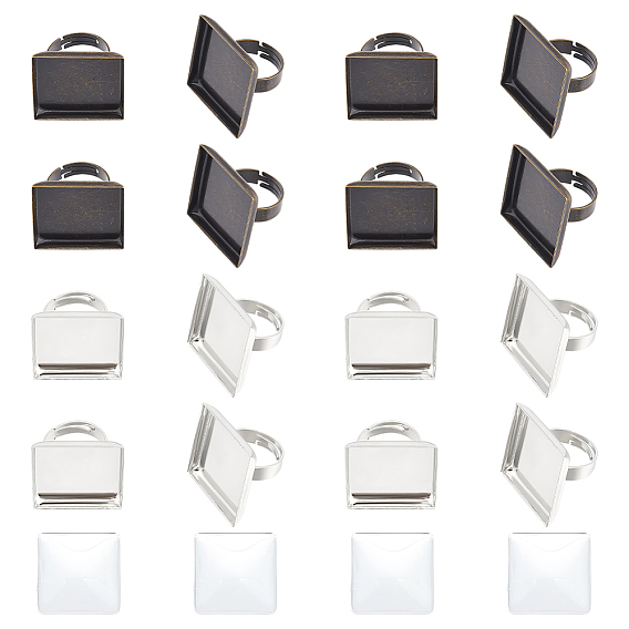 Набор для самостоятельного изготовления квадратного регулируемого кольца, включая латунные кольцевые хвостовики, кольцом площадку пустой, стеклянные квадратные кабошоны