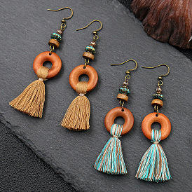 Fashionable Long Tassel Earrings with Creative Wooden Design and European-American Style