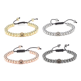 4Pcs 4 Color Cubic Zirconia Polygon Braided Bead Bracelet with Synthetic Hematite, Brass Adjustable Bracelets for Women