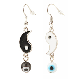 Alloy Enamel Yin Yang Matching Asymmetrical Earrings, Brass Dangle Earrings with Evil Eye Lampwork Beads for Women