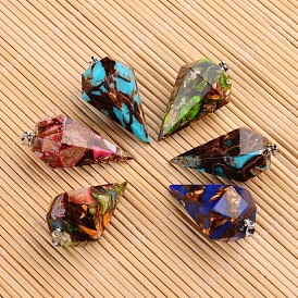 Assembled Dyed Synthetic Imperial Jasper and Bronzite Point Pendulum Pendants, with Brass Findings, Faceted, Platinum, 41x24mm, Hole: 4x4mm