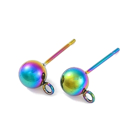 Rainbow Color 304 Stainless Steel Ball Stud Earring Post, Stud Earring Findings, with Horizontal Loops