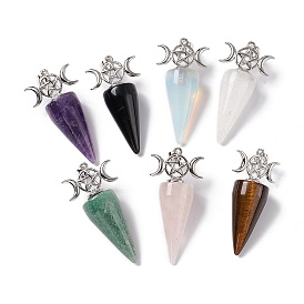 Gemstone Pendants, Cone Charms, with Platinum Tone Brass Triple Moon with Star Findings, Cadmium Free & Nickel Free & Lead Free