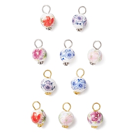 Подвески из фарфора и керамики с цветочным принтом ручной работы, с фурнитурой железной и сплавочной, круглые