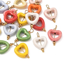 Handmade Procelain with 304 Stainless Steel Pendants, Heart Charms, Mixed Color