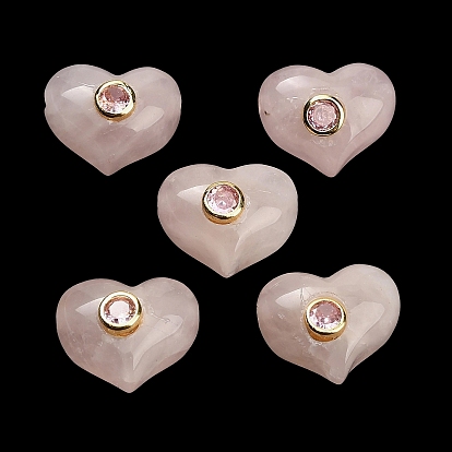 Natürlichen Rosenquarz Perlen, Herz, mit Messing-Pavé-Zirkonia-Fassungen, golden