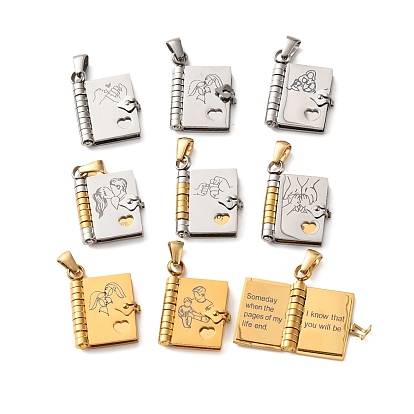 304 Stainless Steel Pendants, Book Charms, Polished