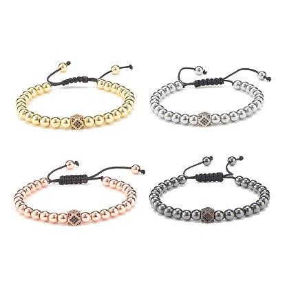 4Pcs 4 Color Cubic Zirconia Polygon Braided Bead Bracelet with Synthetic Hematite, Brass Adjustable Bracelets for Women