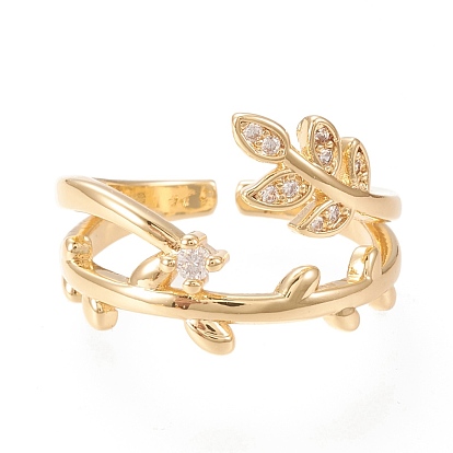Adjustable Brass Micro Pave Clear Cubic Zirconia Cuff Rings, Open Rings, Long-Lasting Plated, Leafy Branches
