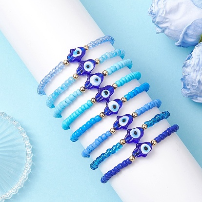 8шт. браслеты из стеклянных бусин и бусин в технике лэмпворк для женщин, круглая рука с хамсой от дурного глаза, с латунным, градиент цвета
