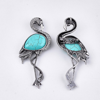 Gemstone  Brooches/Pendants, with Alloy Findings, Flamingo Shape, Antique Silver