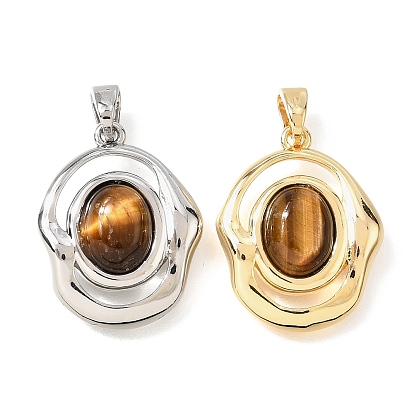Природных тигровый глаз подвески, Овальные подвески из латуни с защелкивающимися креплениями.